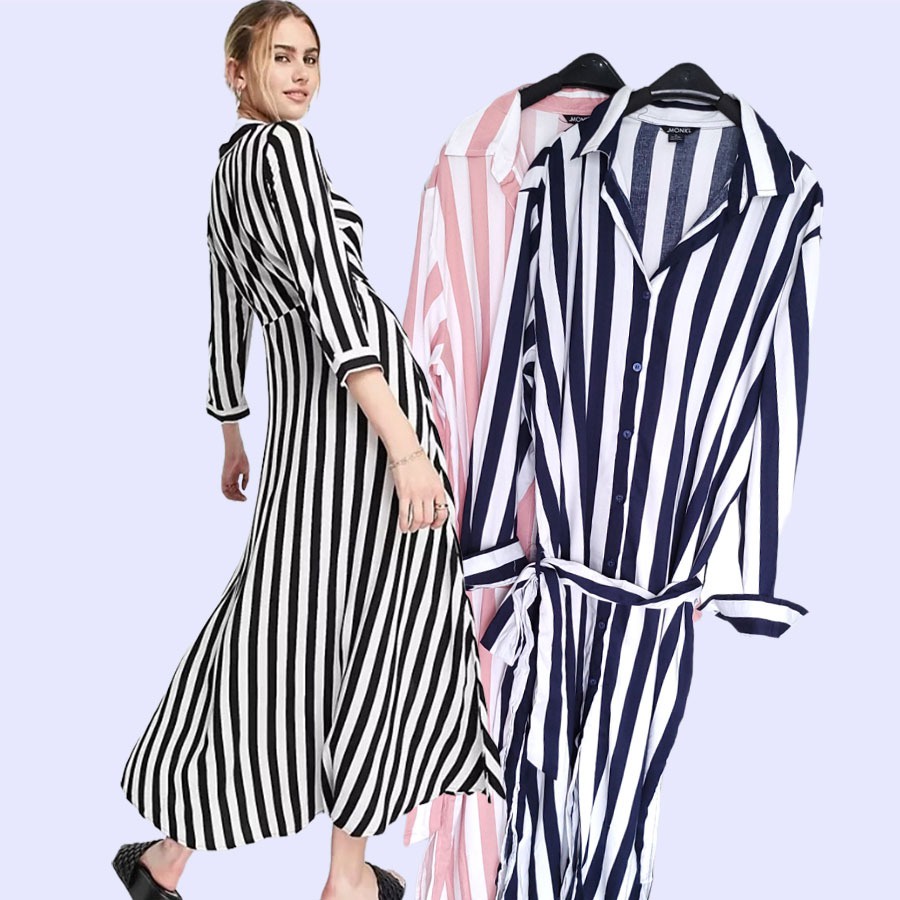 lovemecorner MONKI** BOLD STRIPE SHIRT DRESS MNK DRESS WANITA MAXI SKIRT HOLIDAY DRESS PANTAI MIDI D