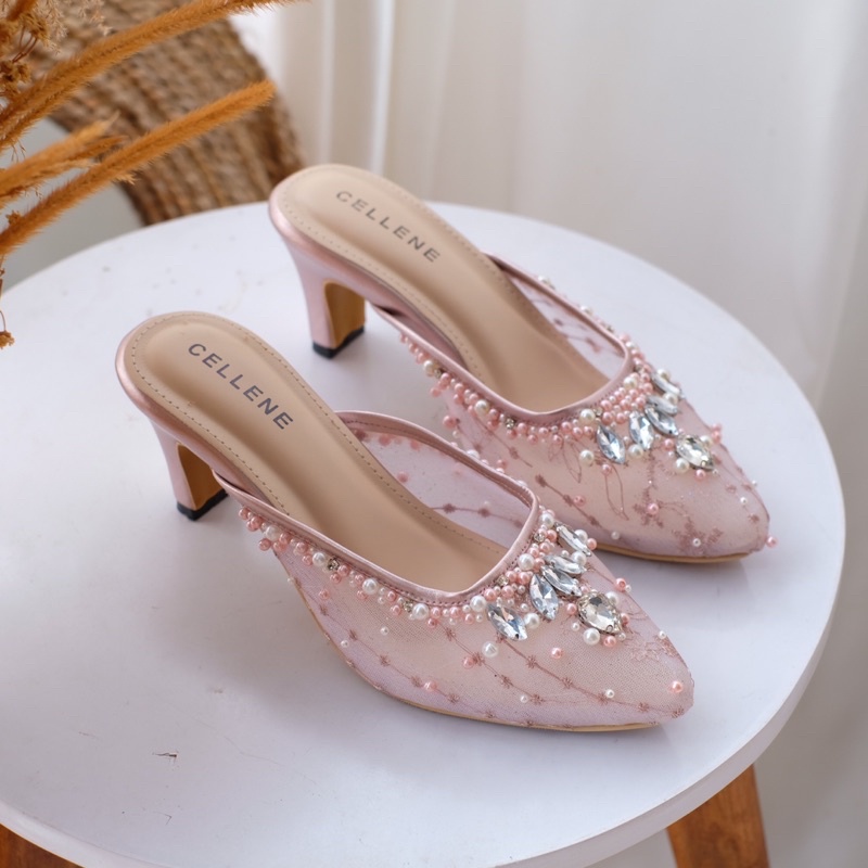 𝗖𝗘𝗟𝗟𝗘𝗡𝗘 Safir Beads Heels 3 color / Wedding shoes 7cm payet selop sepatu pernikahan 3warna