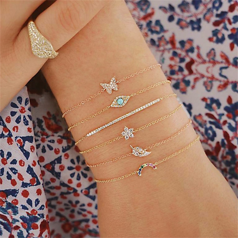 6pcs / Set Gelang Desain Kupu-Kupu Daun Mata Turquoise Aksen Berlian Gaya Simple Untuk Wanita
