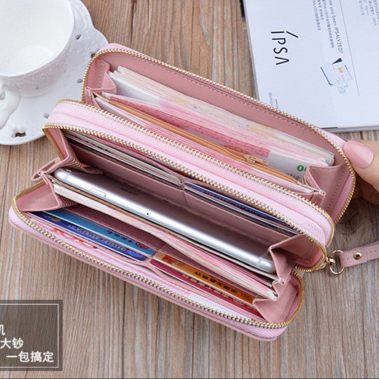 DOMPET WANITA 2 RESLETING LASSA WA122P3 KULIT PREMIUM PINK PESTA PANJANG IMPORT KOREA MURAH TALI ABG