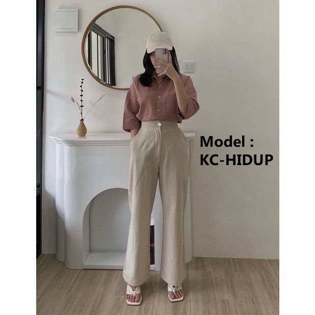 Celana Kulot Linen Resleting Kancing Celana Rami Wanita Highwaist Premium