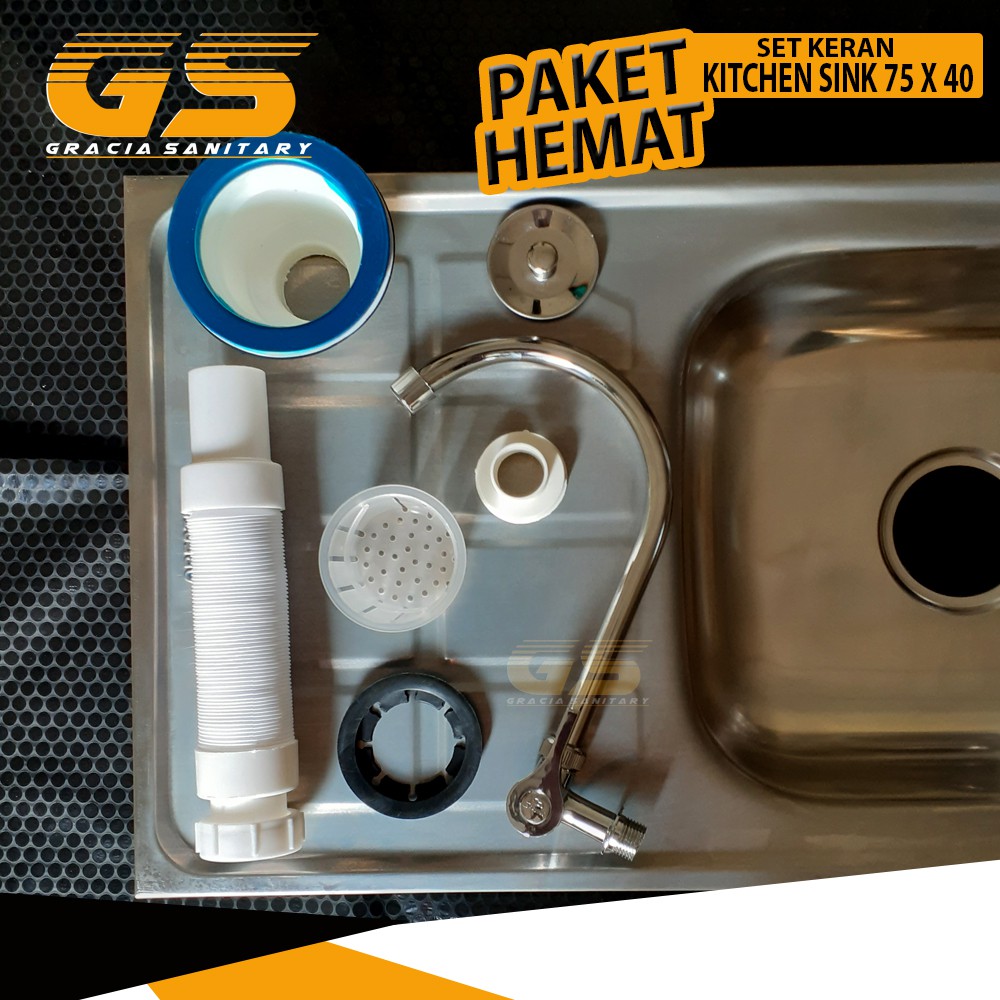 Wastafel Bak Cuci Piring Stainless 75cm SET Tempat kitchen Sink 75x40  Kran Air Paket lengkap