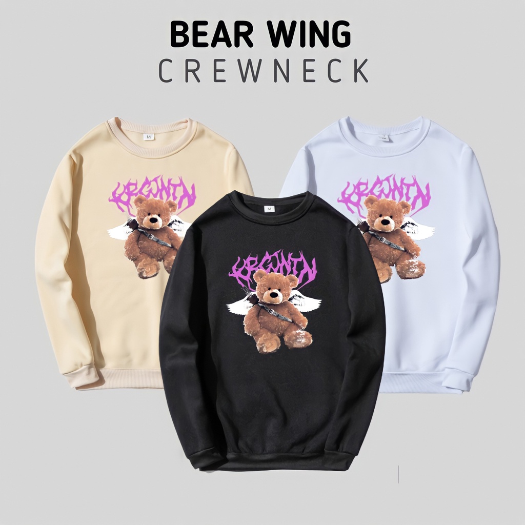 Crewneck Sweater Skater Bear Happines Wing Black & Cream Sweter Crewnek Pria Wanita Distro Switer Te