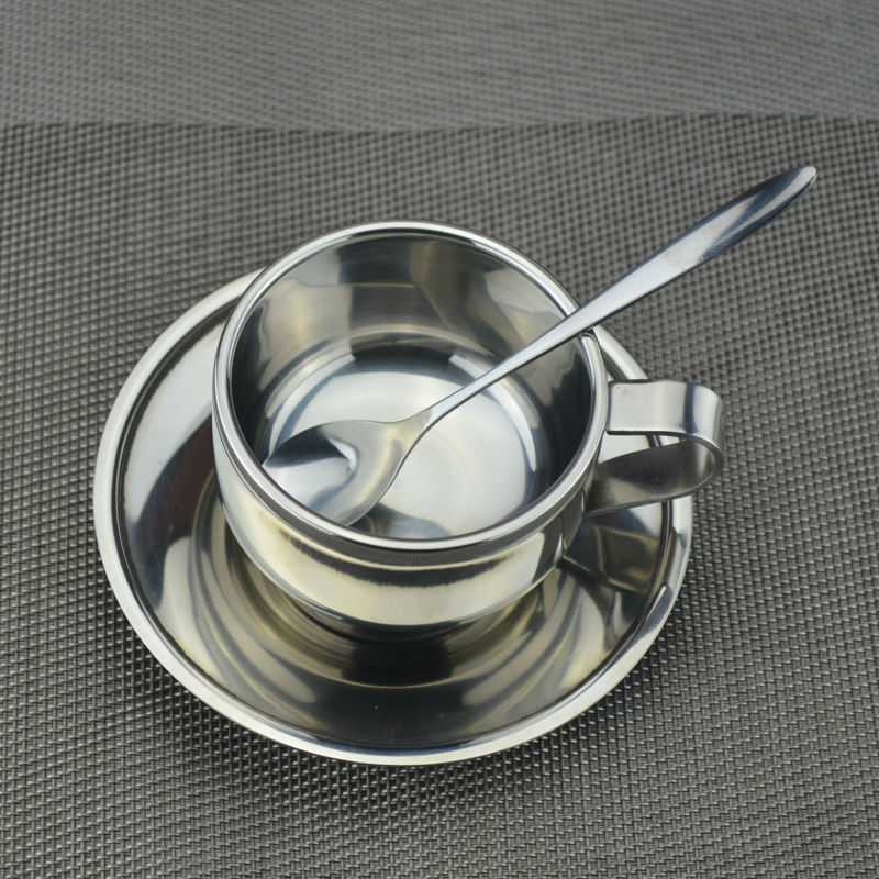 Gelas Cangkir Kopi Set Premium Sendok Piring Stainless Steel 120ml