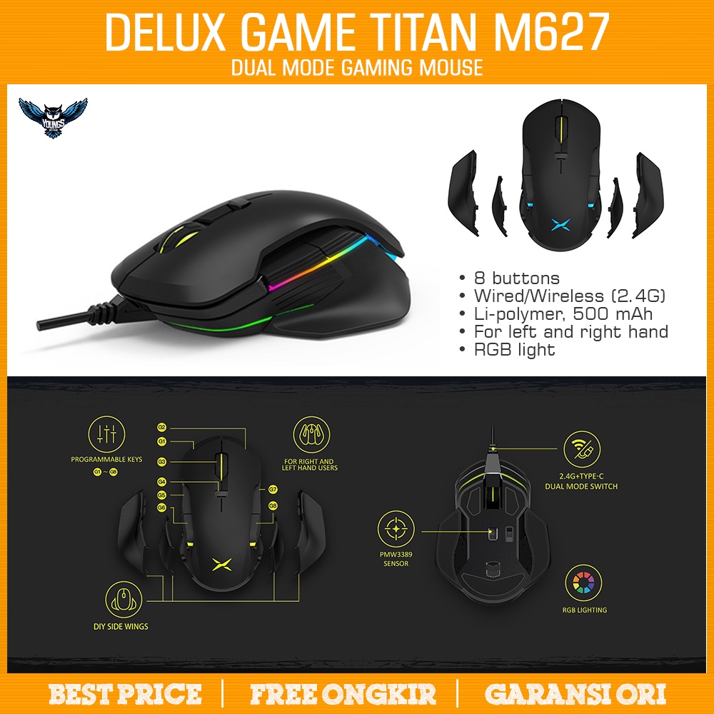 DELUX GAME TITAN M627 - WIRELESS SIDE WING RGB GAMING MOUSE DLM 627