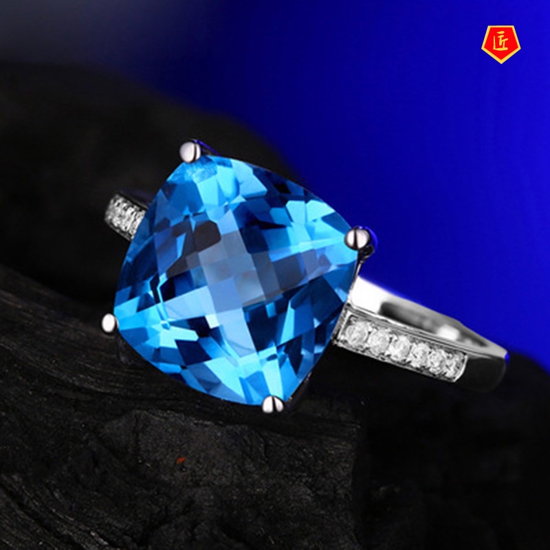 [Ready Stock]Women's Fashionable Simple High-End Blue Topaz Open Ring