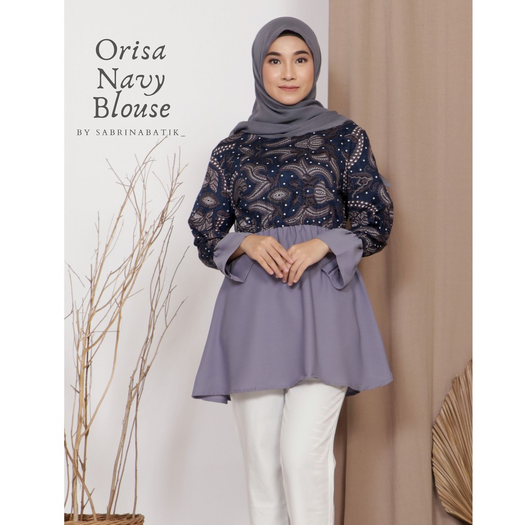 Orisa Navy Blouse Set Masker Atasan Batik Wanita Kerja Kantor Modern Cantik Kekinian Kombinasi Katun Murah Elegant