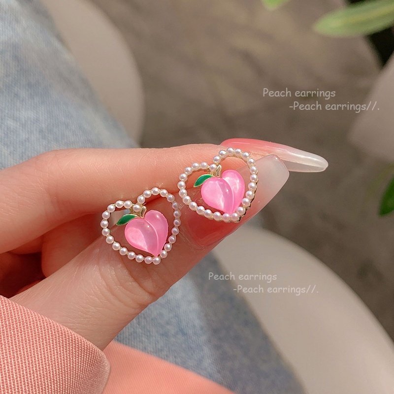 Anting Stud Bentuk Hati Warna Pink Aksen Mutiara Untuk Wanita