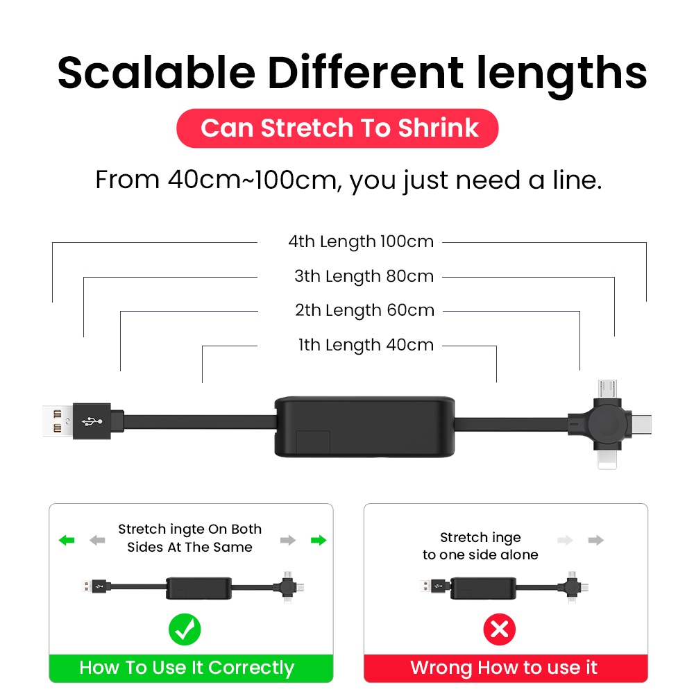 4 In 1 Kabel Data / Charger 8 Pin / USB Tipe C / Micro USB Retractable 1m Untuk Iphone 13 / 12pro