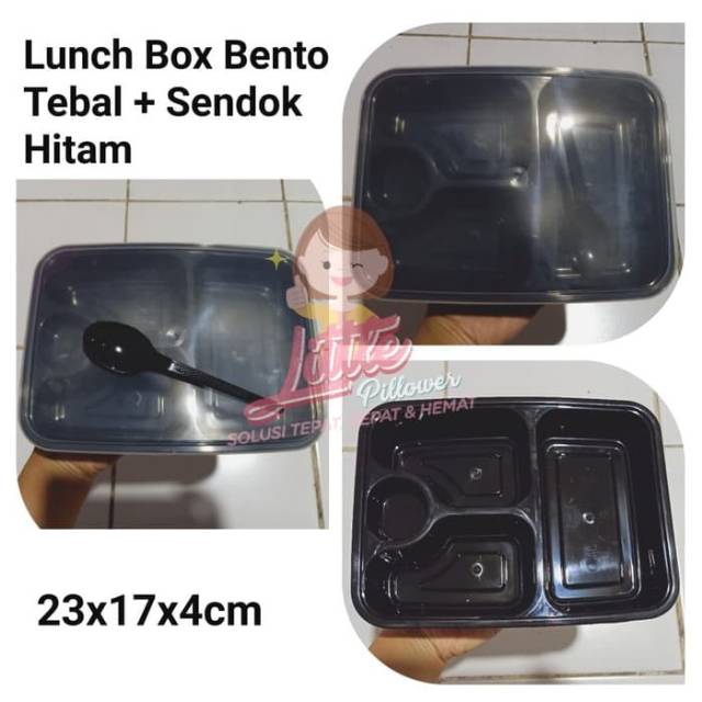 (ISI 25PCS) Bento+Sendok Plastik Tebal HITAM/Lunch Box plastik/Kotak Makan