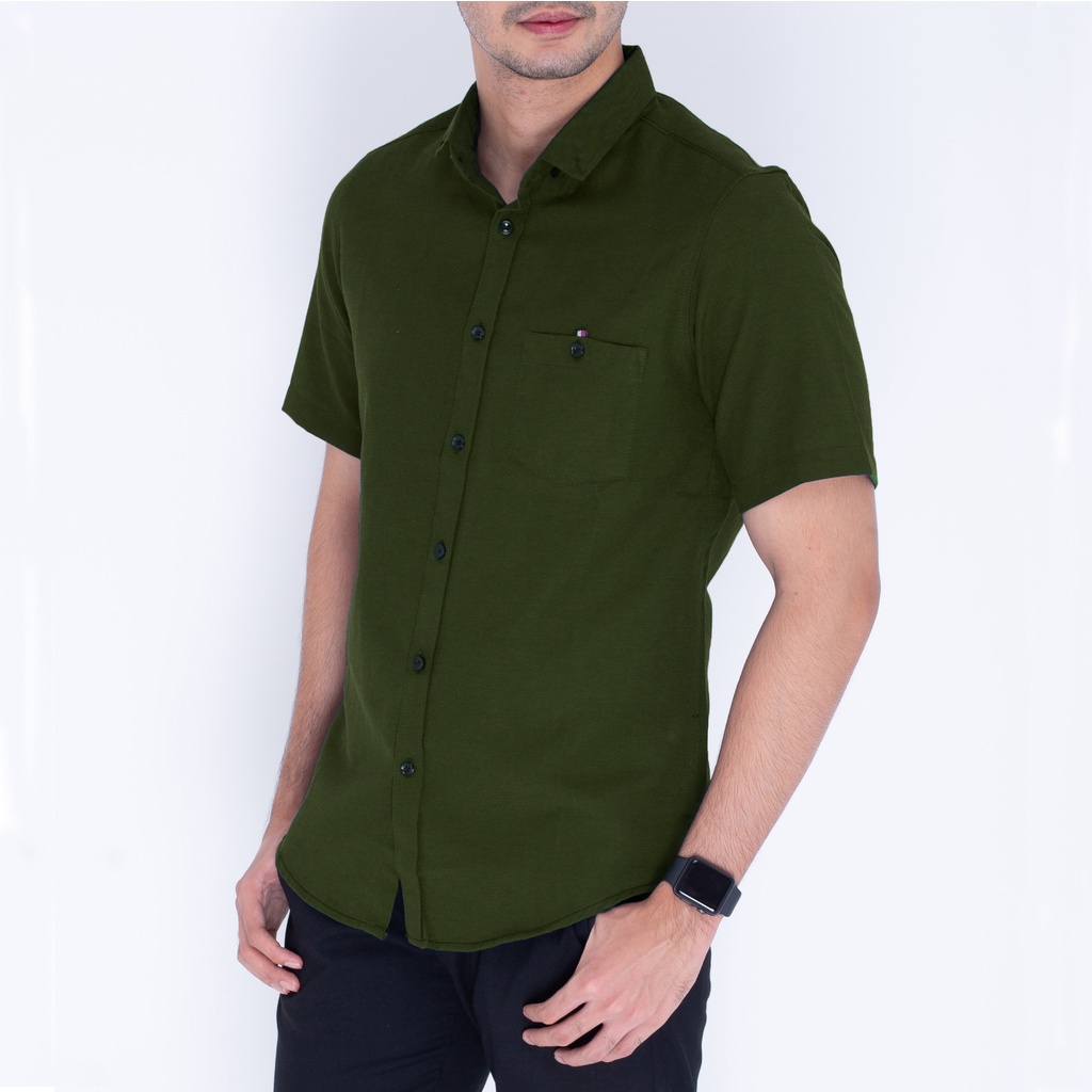 717 Baju Hem Kemeja Pria  Lengan Pendek Slimfit Army Green