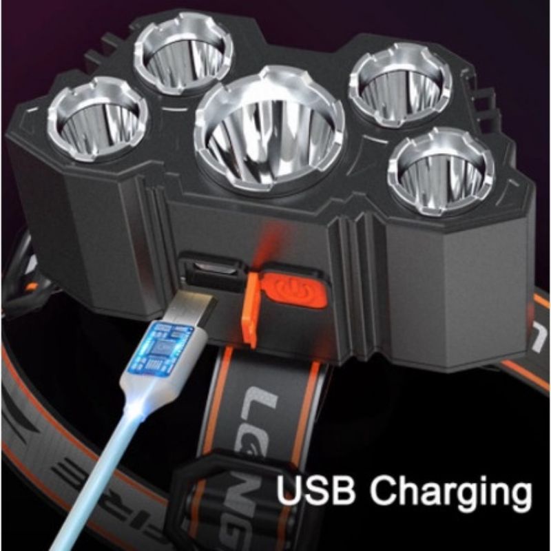 Lampu Senter Kepala 5 LED Super Terang Waterproof IPX5  USB Rechargeable