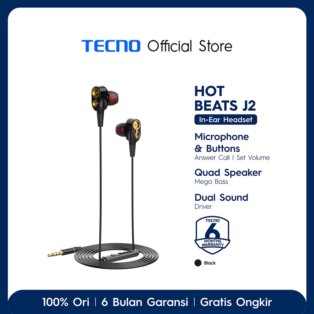 TECNO Hot Beats J2 Earphone [In-Ear Headset, Handsfree Mic Universal, Dual Sound Driver, Quad Speaker, Mega Bass, 3.5 mm Jack, 1,2 m Length] [R]