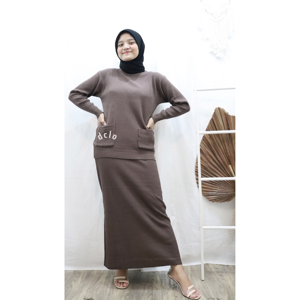 Pocky One Set + Rok 2 In 1 Setelan Rajut Wanita Muslim Atasan Boxy Terbaru / Rajut Premium Fit to XL