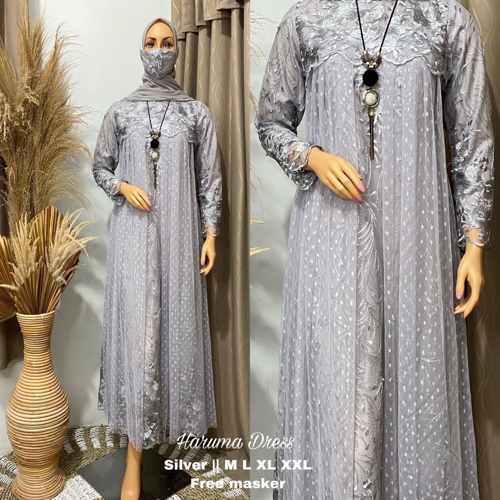 Novi > Set Kebaya Gamis Dress Haruma - Kebaya Pesta Kekinian  - GRATIS MASKER & JILBAB-silver
