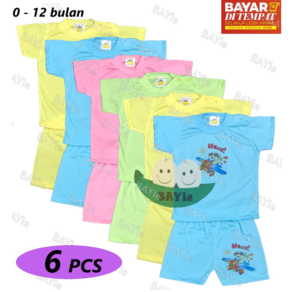 BAYIe - 6 SET Setelan Kaos Oblong Bayi / Anak Lengan PENDEK Motif HELLO MF umur 0 - 12 bulan