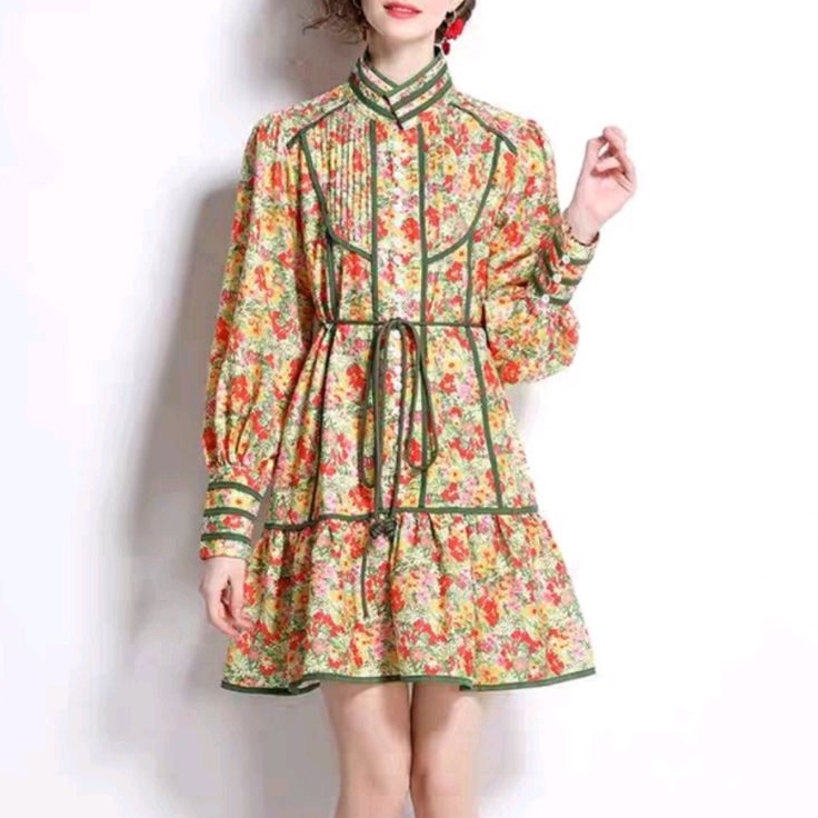 46500 Baju minidress mini dress gaun pendek motif bunga floral orange lengan baloon panjang Korean s