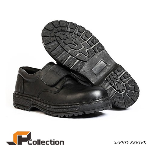 Sepatu Safety Pendek Kretekan Warna Hitam Dengan Besi Diujung Sepatu Bahan Kulit Sapi Asli Dan Awet