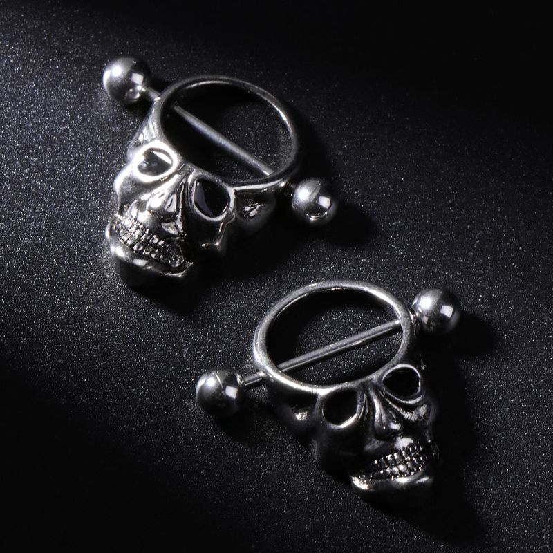 Siy 2pcs Anting Tindik Puting Bentuk Tengkorak Bahan Stainless Steel Untuk Wanita