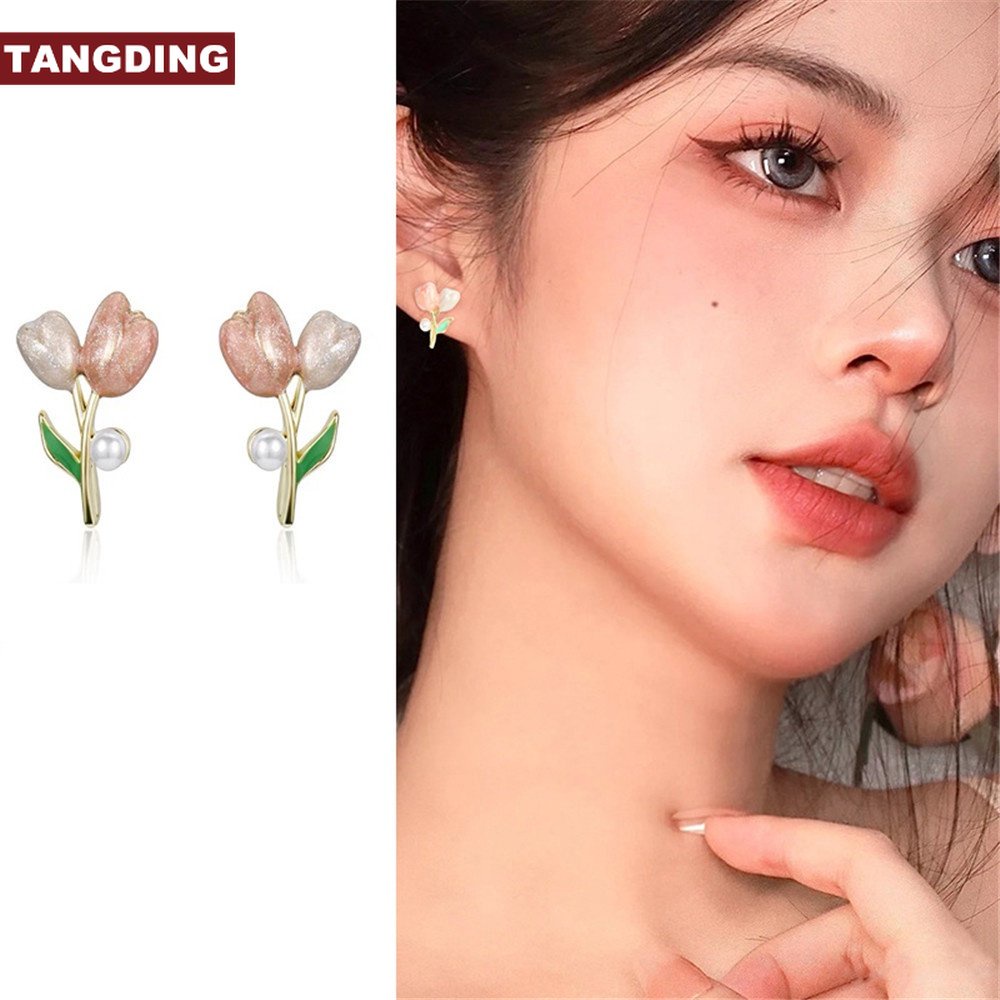 【COD Tangding】Ins Anting Tusuk Gantung Temperament Desain Bunga Tulip Warna Pink Gaya Musim Panas Untuk Wanita