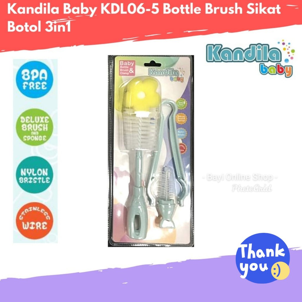 Sikat Botol Penjepit Botol Sikat Dot Empeng Bayi Kandila Baby KDL06-5 Bottle Brush 3in1- Bayi Online