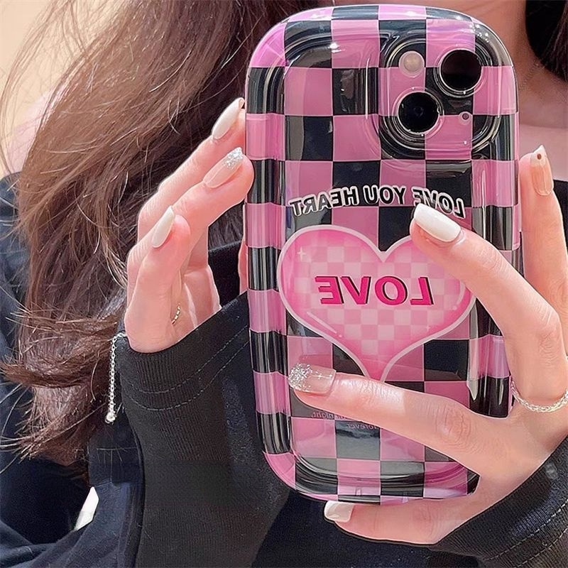 Case Motif Kotak-Kotak Hati Warna Pink Untuk iPhone 12 13 11 Pro Max X Xs Max Xr efih