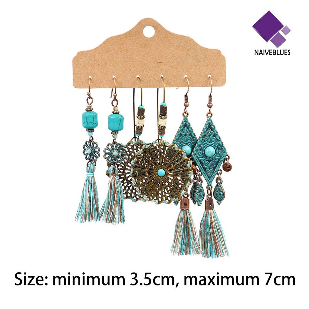 Naiveblue 3 Pasang / Set Anting Tusuk Gantung Wanita Desain Geometri + Rumbai Gaya Bohemian Untuk Hadiah