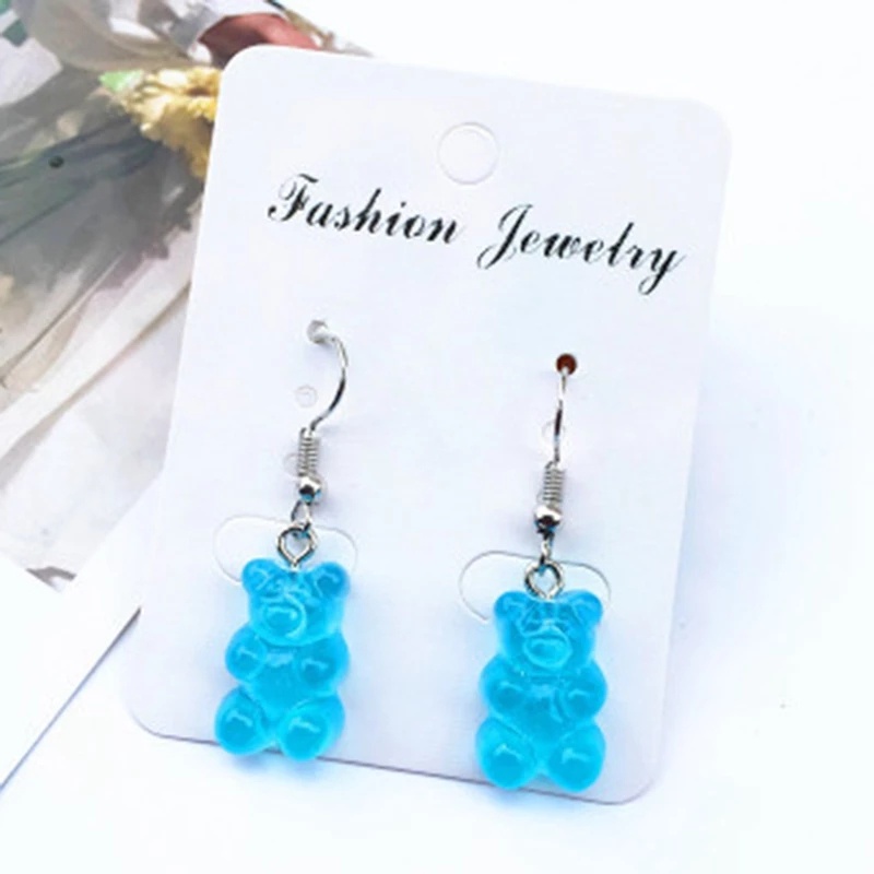 1 Pasang Anting Tusuk Gantung Panjang Desain Kartun Beruang Bahan Resin Warna Permen Untuk Pengantin