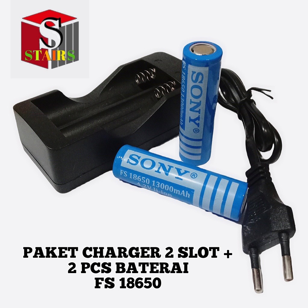 Paket Casan 2 Slot + 2 PCS Baterai Li-ion FS 18650 13000mAh 4.2V Warna Biru