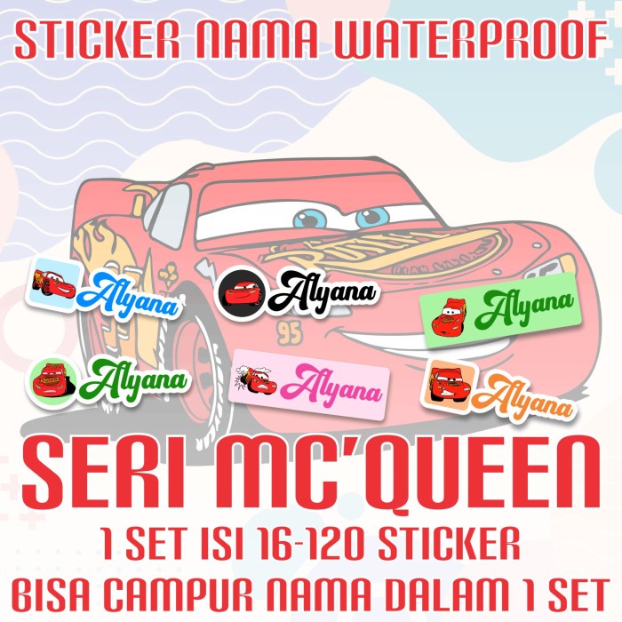 

[14-120 pcs] Sticker Nama Custom Lighting McQueen Cars