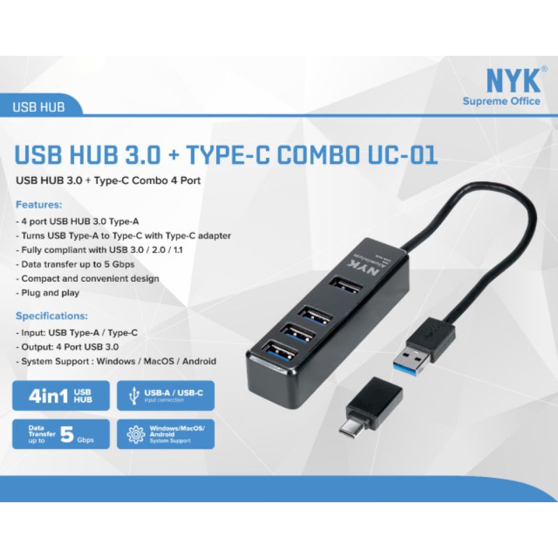 USB HUB 3.0 + Type-C Combo 4 Port UC-01 nyk original