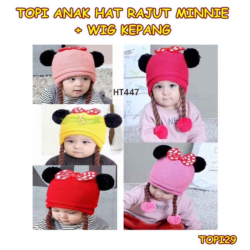 TOPI29 TOPI ANAK HAT RAJUT PITA MINNIE + WIG KEPANG