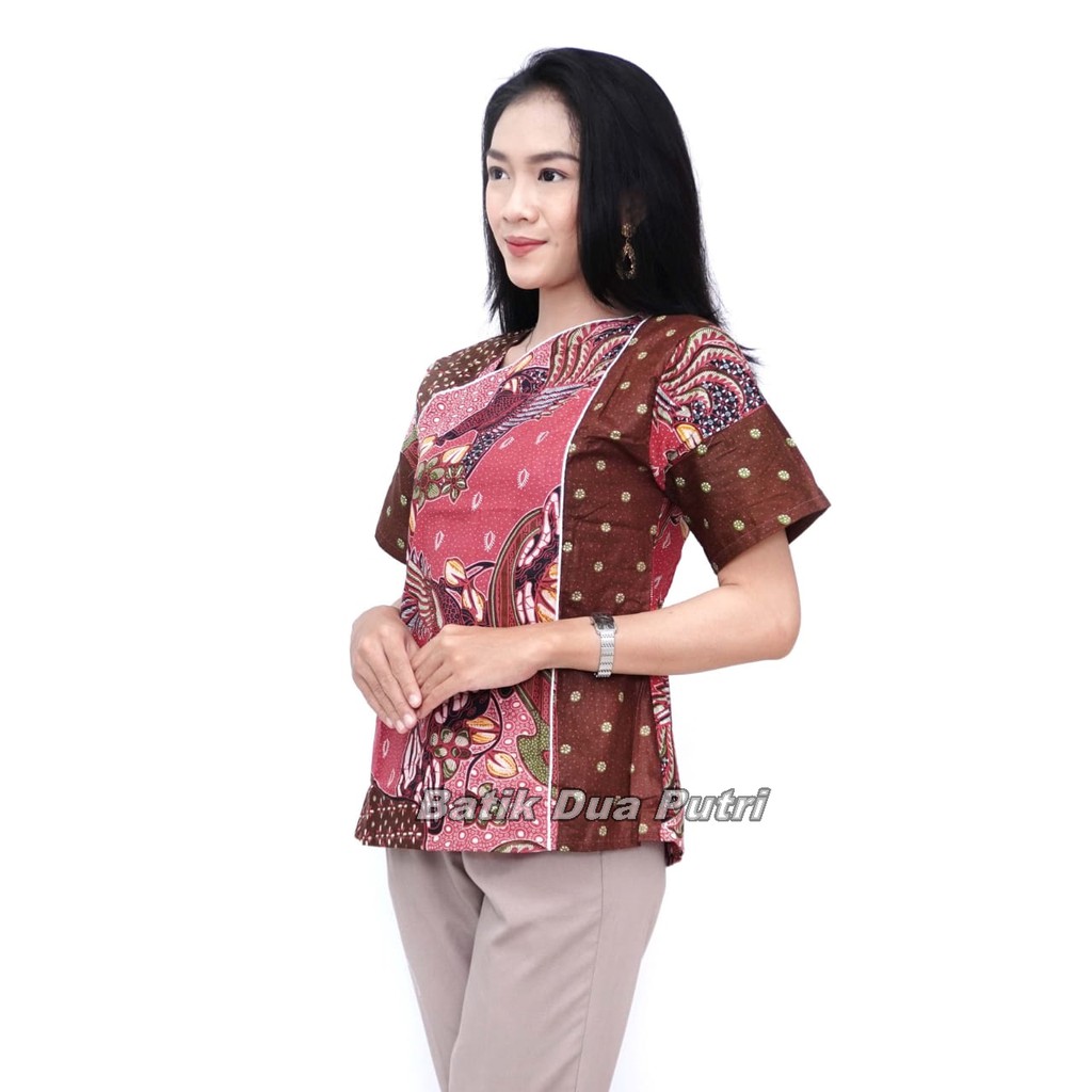 Batik Wanita Lengan Pendek Blouse Atasan Warna Pink Model Modern Trendy 2021- Motif kombinasi