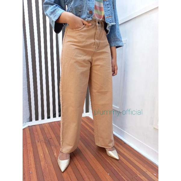 CELANA KULOT JEANS HIGHWAIST LOOSE WARNA POLOS PASTEL CHOCO  ARMY COKLAT CREAM WANITA