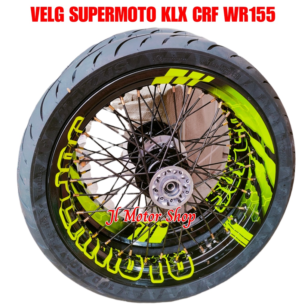 WHEELSET PAKET VELG SUPERMOTO SUPER MOTO KLX 150 CRF 150 CRF150 L WR155 WR 155 D-TRACKER MOTIF TULISAN SUPERMOTO PROTECH PLUS CUSTOM BAN MAXXIS ZENEOS SWALLOW