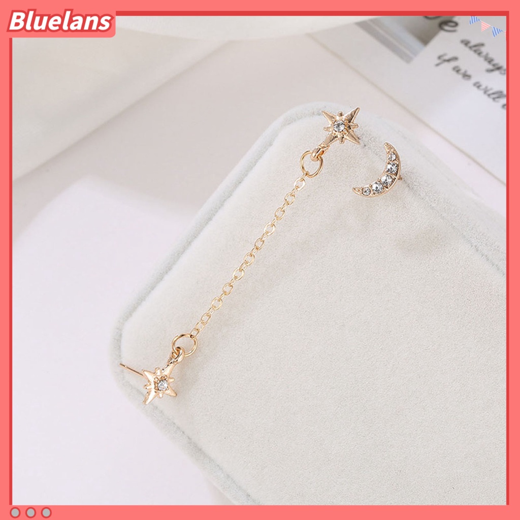 Bluelans 2Pcs Earring Vintage Moon Star Chain Rhinestone Alloy Unique Ear Stud for Women