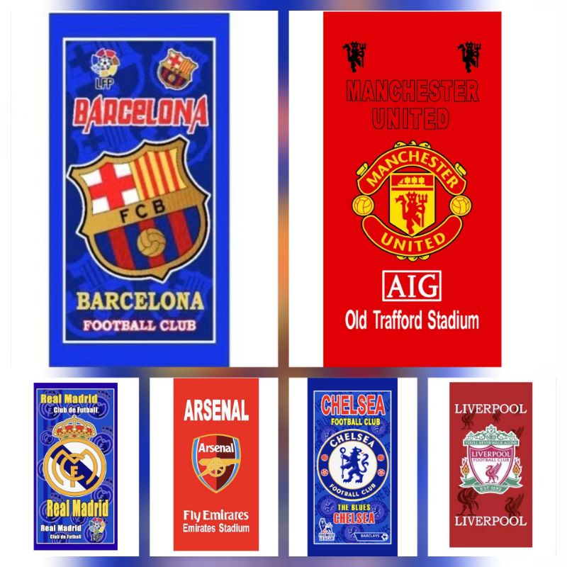 HANDUK MANDI MOTIF BOLA CHELSEA BARCELONA MANCHESTER UNITED ARSENAL LIVERPOOL REAL MADRID UKURAN 70X140CM