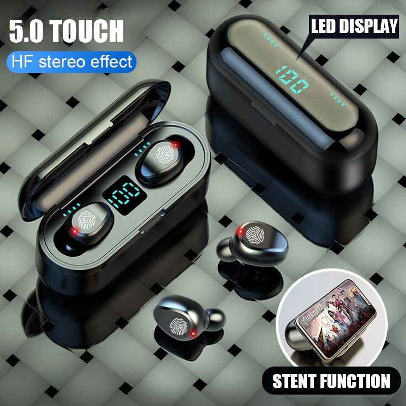 Earphone F9 TWS HIFI Handsfree Earphone Bluetooth 5.0 Wireless Headset Inpods Earbud Sport Touch Display Waterproof Plus Power Bank