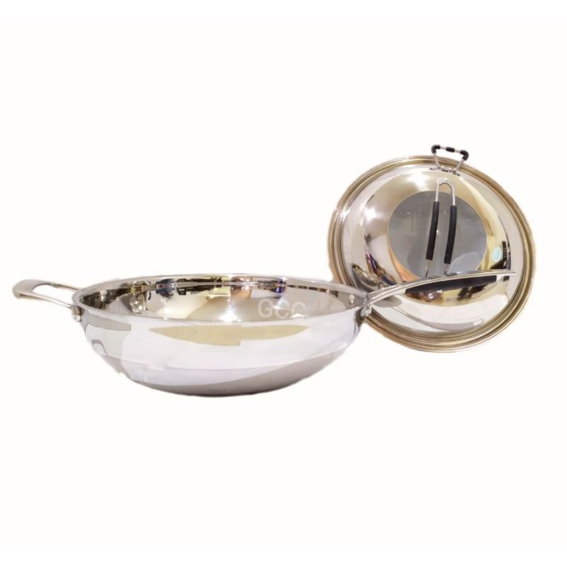 A1 Kuali Stainless Steel Tebal Model Tutup Elegan Wok Pan Stainless 32Cm Tutup Kaca