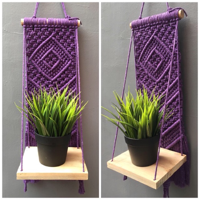 Macrame Hiasan Dinding Alas Pot Kayu / Makrame Gantungan Pot / Macrame Bunga / Macrame Tanaman