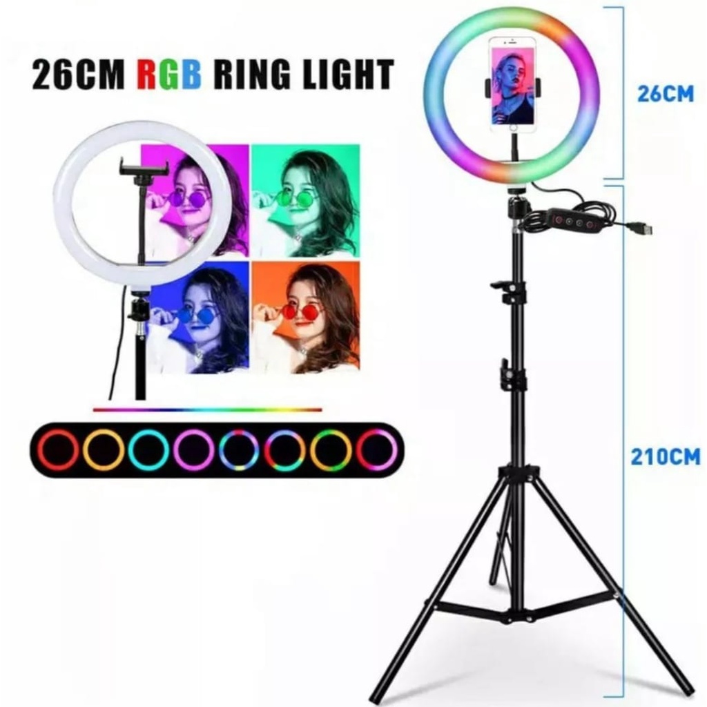 Ringlight 26cm Rainbow RGB Selfie Ring(PAKET KOMPLIT)+Tripod 2.1M+Holder-Satu Set Ring Light 26 cm Rainbow RGB-Ring Light Selfie HP &amp; Camera 1Set Lightning Photography TIik tok Livestreaming-Vlogger-Youtube