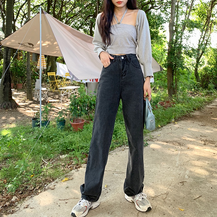 Celana Panjang Boyfriend Jeans Wanita Highwaist Abu-abu hitam