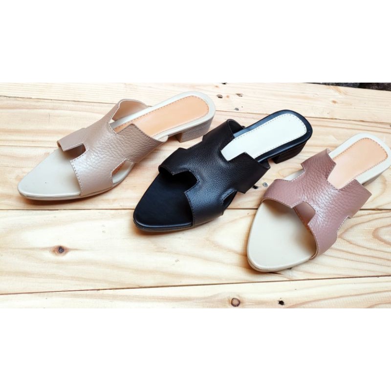 sandal kulit wanita slip sol tahu lancip