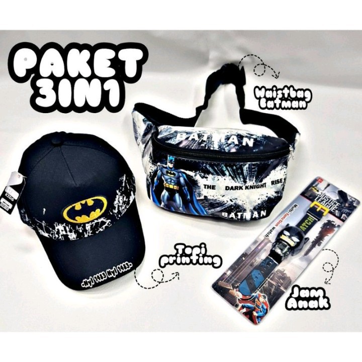 (BISA COD) PAKET 3 IN1 WaistBag Anak Laki Laki Motif Superhero Batman+Topi Anak+jam tangan karakter