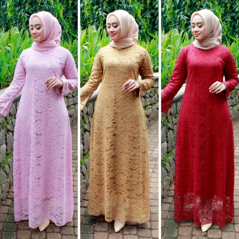 IndahKebaya | GAMIS BROKAT TERBARU / DRESS KEBAYA MURAH / KONDANGAN / MAROON NAVY SILVER GOLD DUSTY