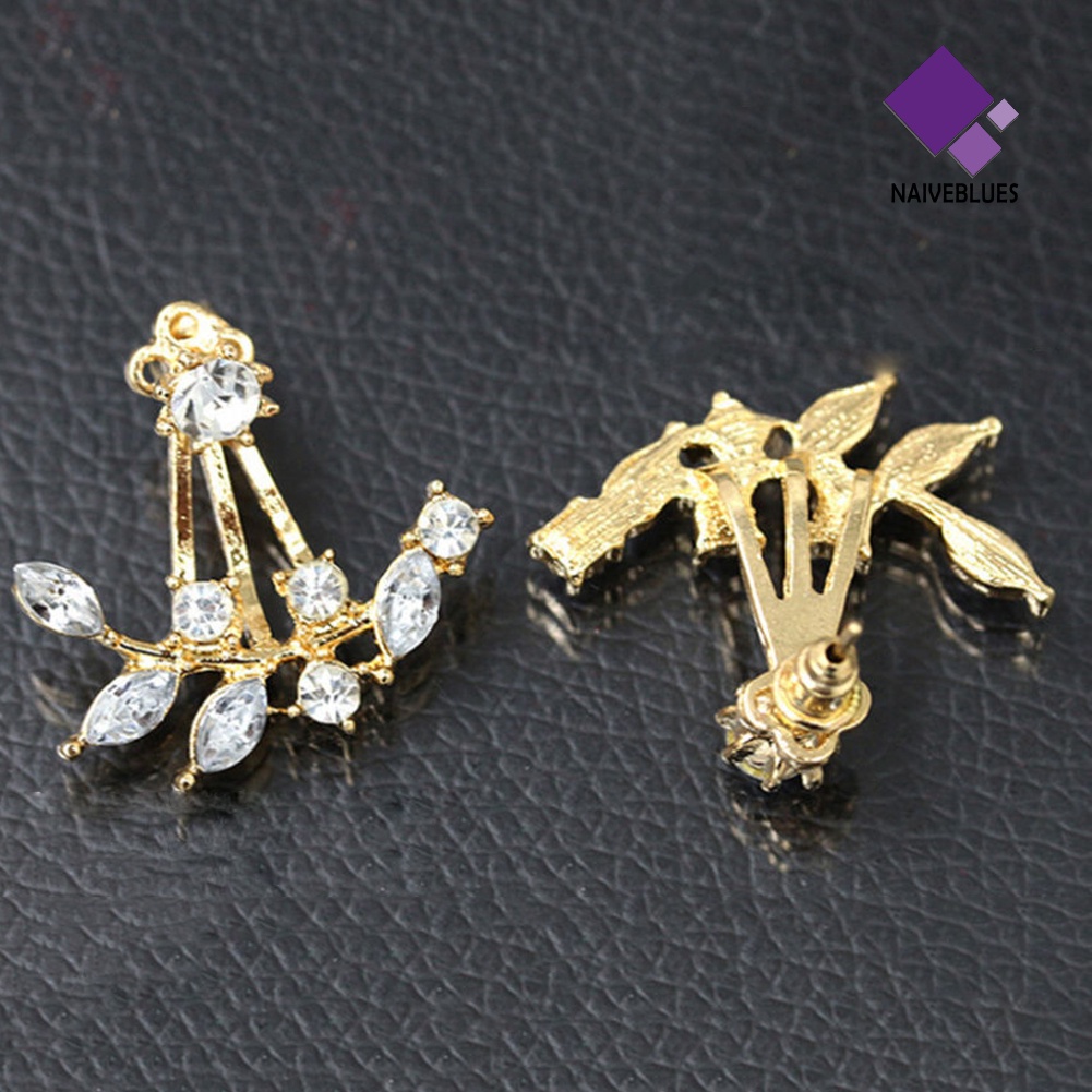 Anting Stud Bentuk Cabang Daun Aksen Berlian Imitasi Untuk Wanita