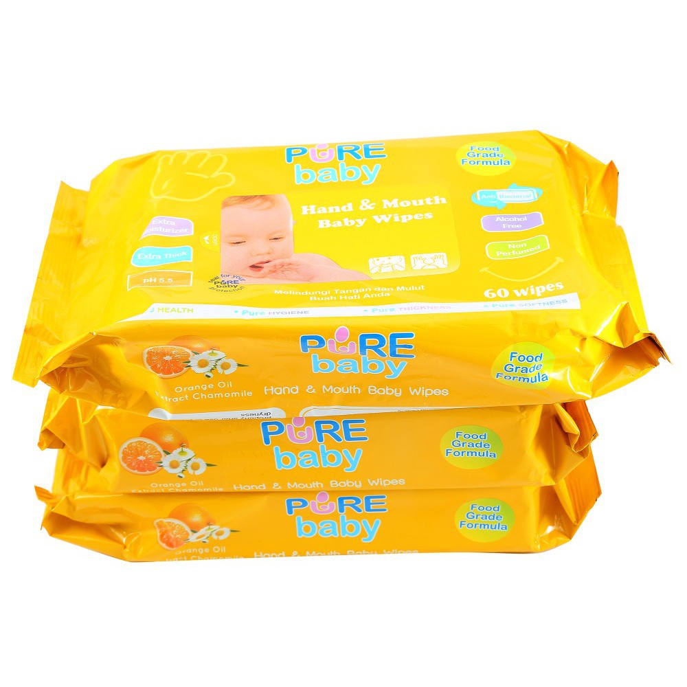 Pure Baby Hand &amp; Mouth Wipes 60's Orange Oil Buy 2 Get 1 FREE