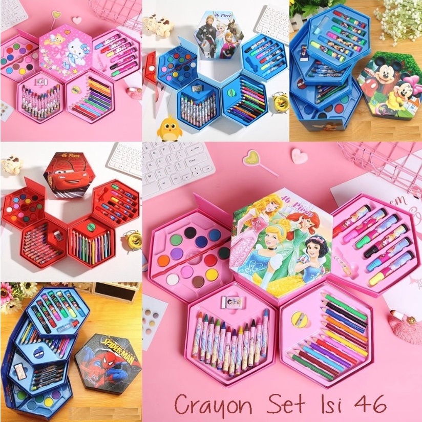 

CRAYON SET Karakter Lucu Box isi 46 Pcs 4 in 1 Alat Set Menggambar Melukis Mewarnai Krayon Pensil Warna Spidol Cat Air Alat Gambar Lukis Pastel Anak
