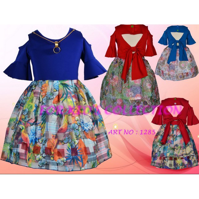 Dress Anak Perempuan Backless Fashion Casual Kaos Velvet Kombinasi Tile Printing Premium