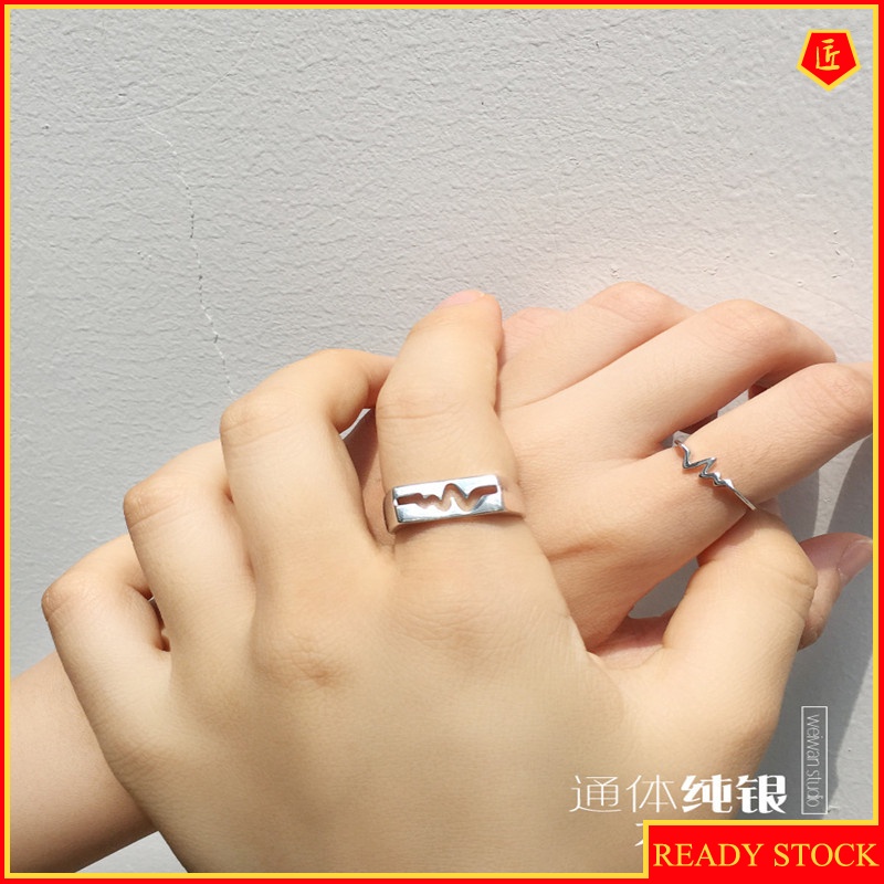 [Ready Stock]S925 Silver Couple Heartbeat Ring Simple Creative